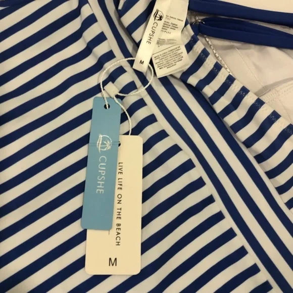 Cupshe Blue White Striped One Piece Swimsuit Ring Strap Medium Beach Vacation - Picture 4 of 5